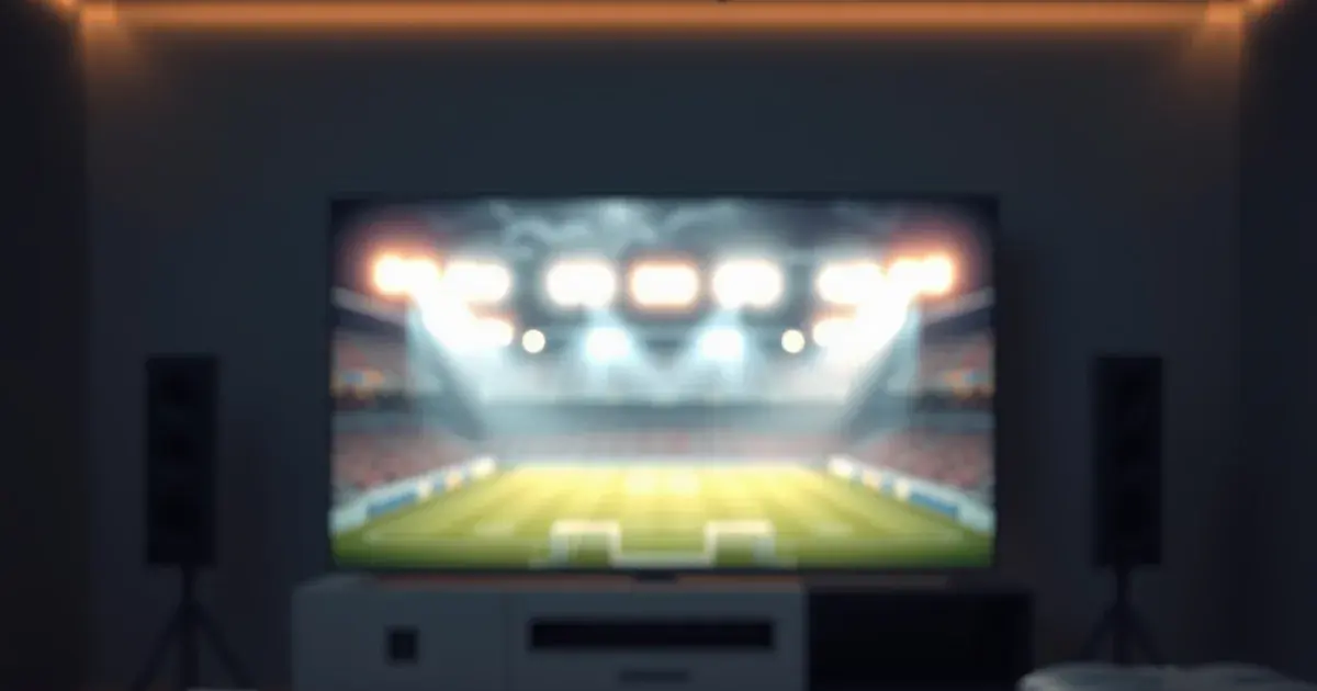 Apple TV 4K Box und Fernbedienung auf einem dunklen Sideboard, im Hintergrund ein Fernseher mit stimmungsvollem Stadionlicht
