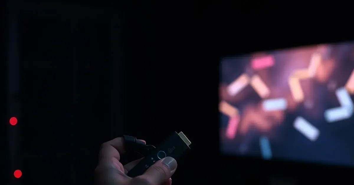 Hand steckt einen kleinen Streaming-Stick in den HDMI-Anschluss eines Fernsehers