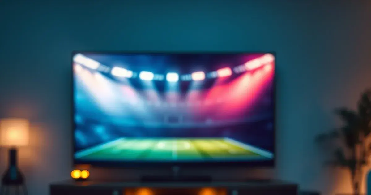 Dunkles Wohnzimmer mit leuchtendem Fernseher und Streaming-Stick auf einem Konsolentisch im Vordergrund