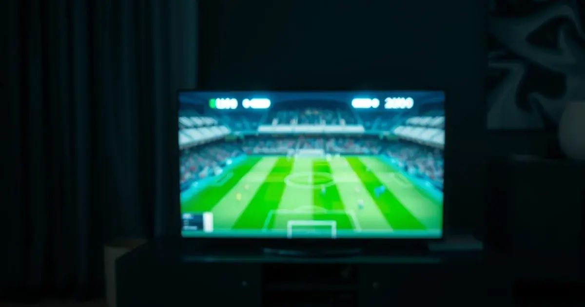 Dunkles Wohnzimmer mit leuchtendem Fernseher, der ein Fußballspiel zeigt, davor ein Tisch mit Fernbedienungen und einem handschriftlichen Kostenvergleich