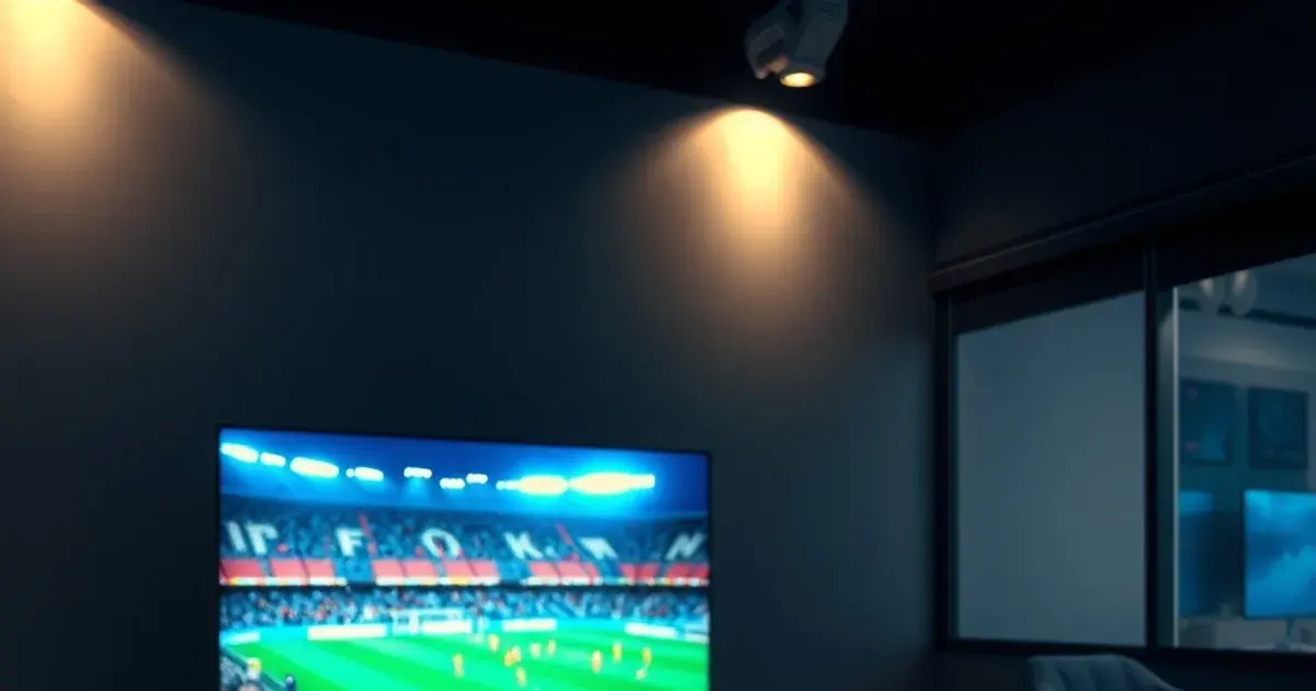 Dunkles, modernes Wohnzimmer mit Fernseher und Tablet, beide beleuchtet vom Schein eines Fußballspiels, als Symbolbild für die Bundesliga-Streaming-Strategie 2026/27