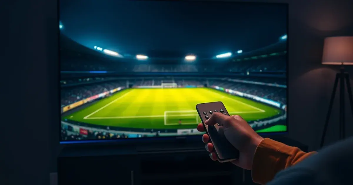 Dunkles Wohnzimmer mit großem Fernseher, der ein Bundesliga-Flutlichtspiel zeigt, während eine Hand mit der Fernbedienung die Bildeinstellungen prüft