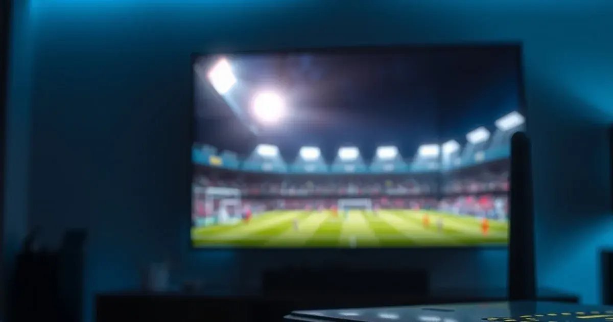 Router mit leuchtenden Status-LEDs und LAN-Kabel im Vordergrund, im Hintergrund ein Fernseher mit Fußballübertragung in einem dunklen Wohnzimmer