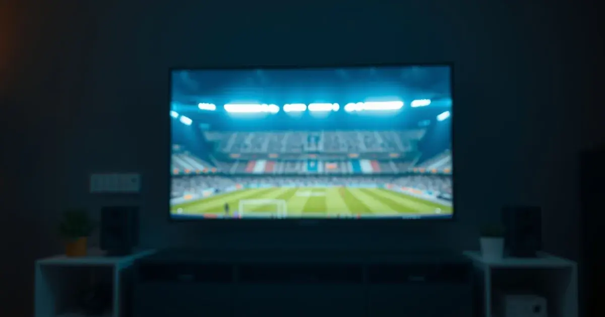 Dunkles Wohnzimmer bei Nacht, im Hintergrund ein großer Fernseher mit einem Fußballstadion unter Flutlicht, im Vordergrund eine Fernbedienung auf einem Holztisch
