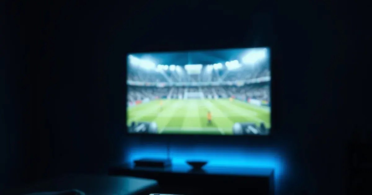 Dunkles Wohnzimmer bei Nacht, auf dem Fernseher friert ein Fußballspiel-Stream mit sichtbaren Pufferungsartefakten ein