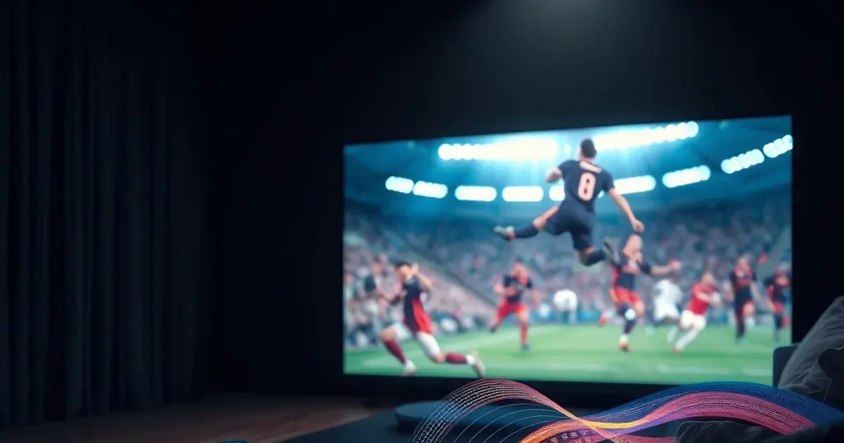 Dunkles Wohnzimmer mit leuchtendem Fernseher, der ein Fußballspiel zeigt, und einer Soundbar, von der aus stilisierte Klangwellen sichtbar ausgehen.