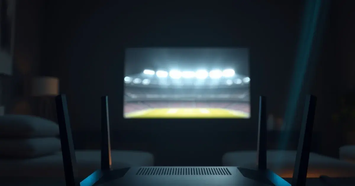 Dunkle, cinematische Szene: Ein leuchtender Router sendet blau-türkise Lichtspuren durch einen abgedunkelten Raum zu einem Fernseher mit dem Schimmer von Flutlicht im Hintergrund.
