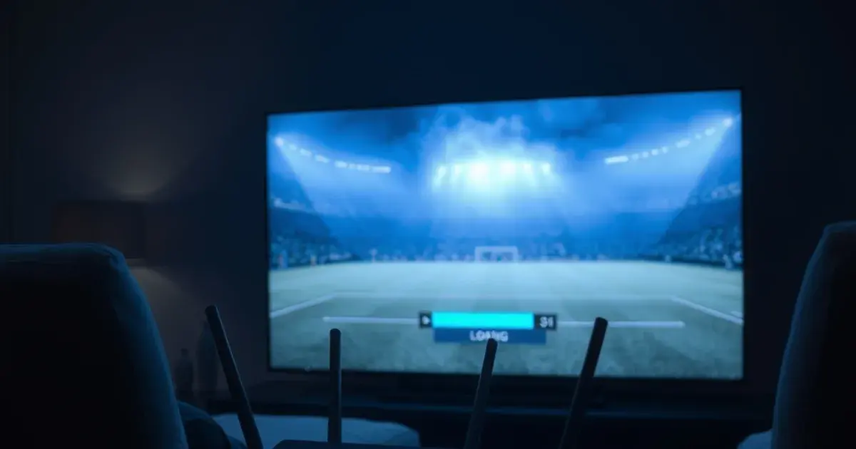 Dunkles Wohnzimmer bei Nacht mit gepuffertem Fußballstream auf dem Fernseher und einem Router im Vordergrund