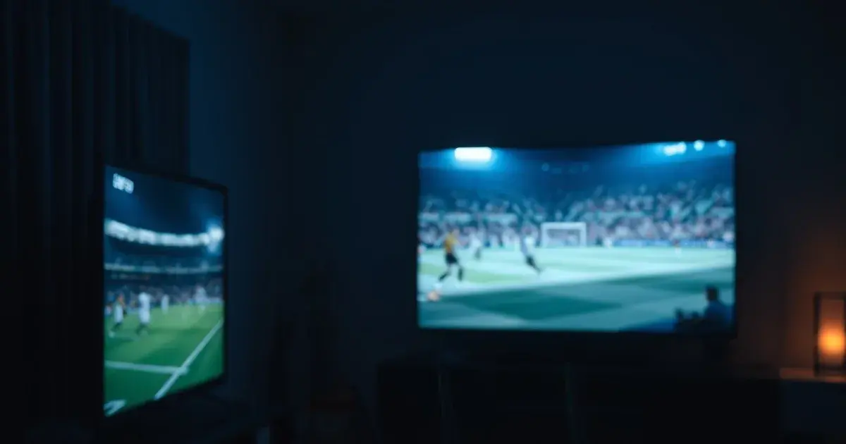 Dunkles Wohnzimmer nachts, TV zeigt ein Fußballspiel mit sichtbaren Bildstörungen, im Vordergrund ein leuchtender Router