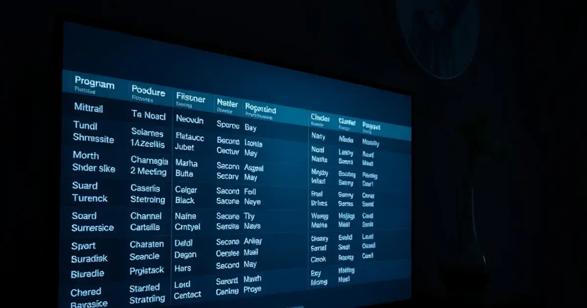 Ein Smart-TV zeigt im dunklen Wohnzimmer einen Programmführer, bei dem einige Zeilen leer bleiben und ein Ladesymbol blinkt