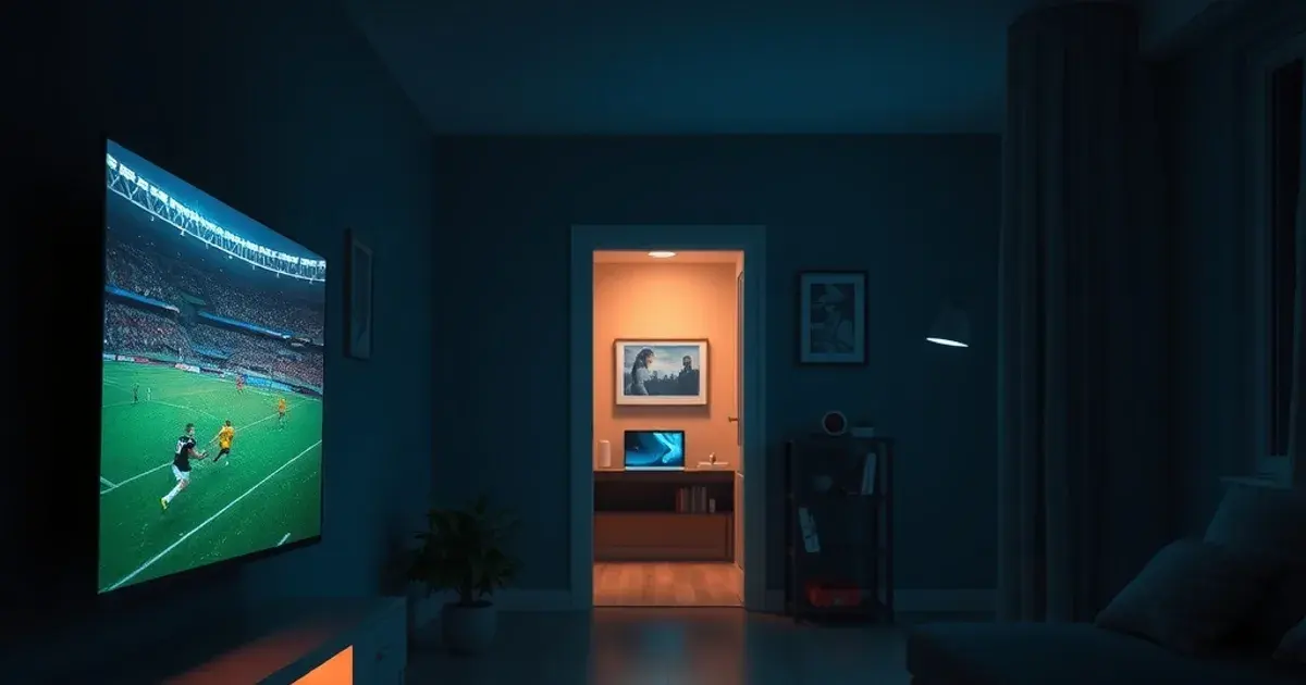 Dunkles Wohnzimmer mit leuchtendem Fernseher im Vordergrund und dem Schein weiterer Bildschirme aus angrenzenden Zimmern im Hintergrund, symbolisiert mehrere gleichzeitige IPTV-Streams im Familienhaushalt.