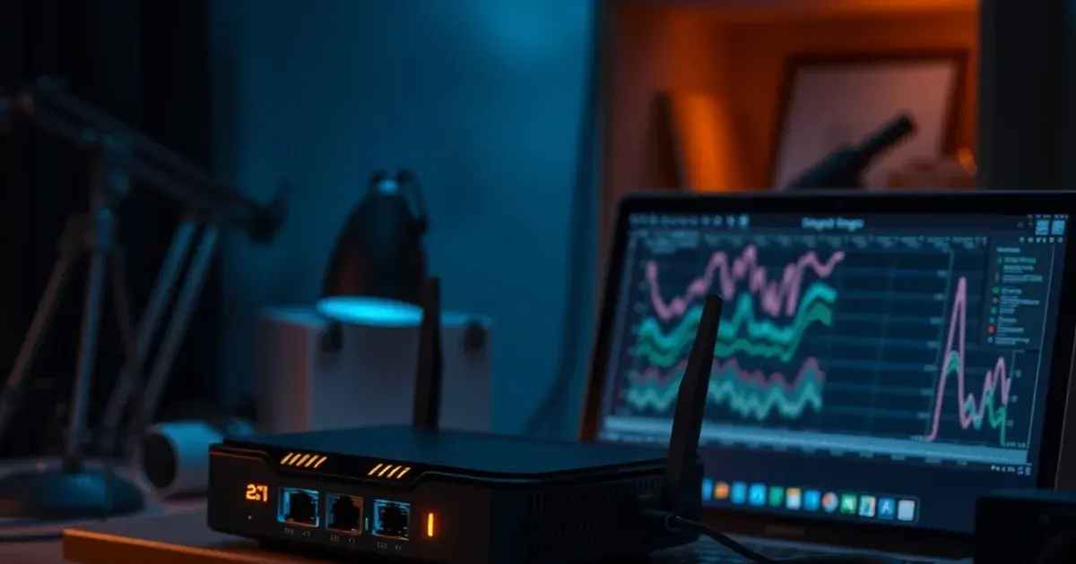 Router mit leuchtenden Status-LEDs neben aufgerollten Ethernet-Kabeln und einem Laptop mit Netzwerk-Diagnose-Grafik in dunkler, blau schimmernder Umgebung