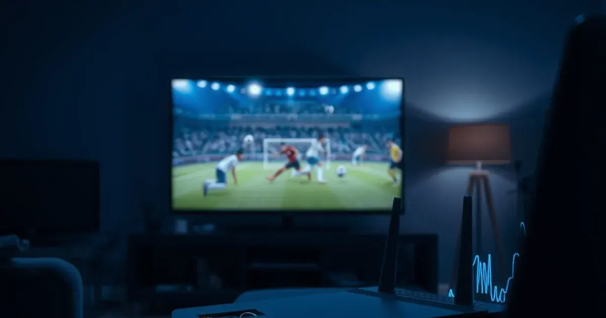 Dunkles Wohnzimmer bei Nacht: Fernseher zeigt verschwommen ein Fußballspiel, davor ein Router mit leuchtenden LEDs und ein Laptop mit einer Netzwerk-Diagnose-Kurve.