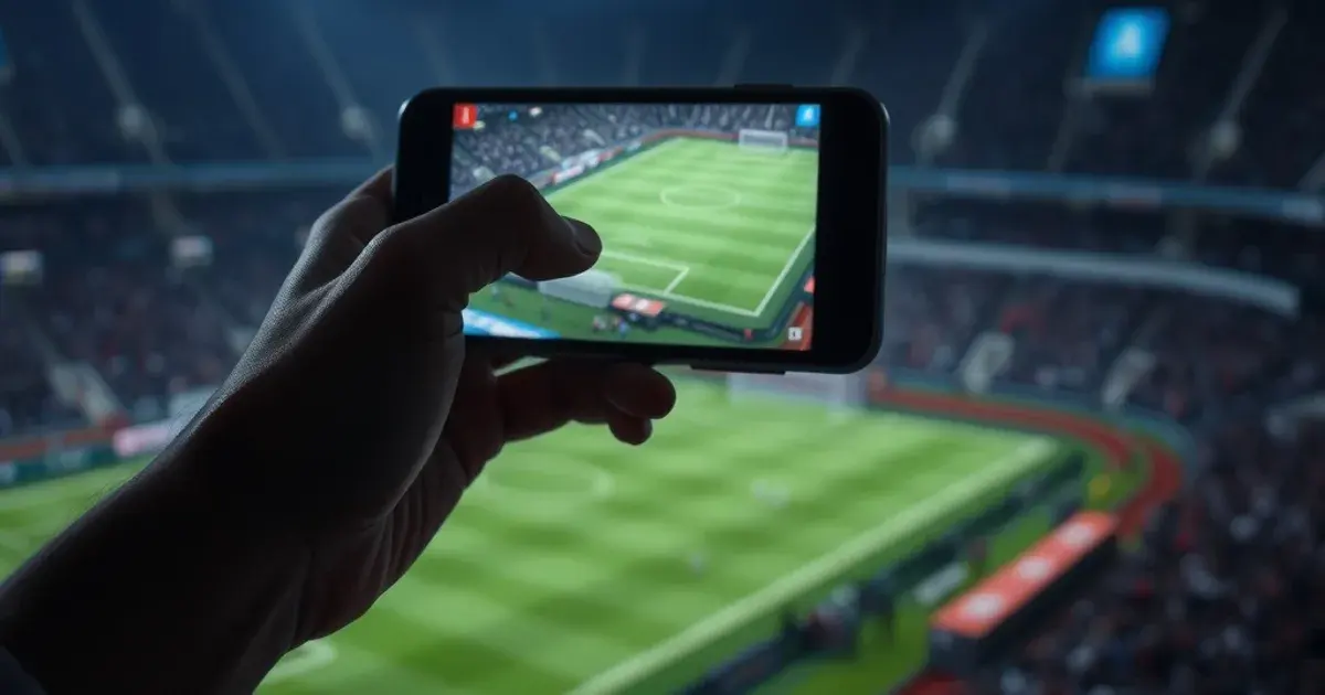 Nahaufnahme einer Hand mit Smartphone, auf dem ein Live-Fußballspiel läuft, im Hintergrund unscharfe Stadionlichter bei Nacht