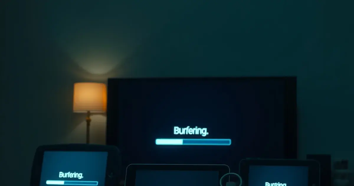 Dunkles Wohnzimmer bei Nacht mit mehreren Streaming-Geräten nebeneinander im Test, dazwischen eine Stoppuhr, im Hintergrund grünlicher Lichtschein