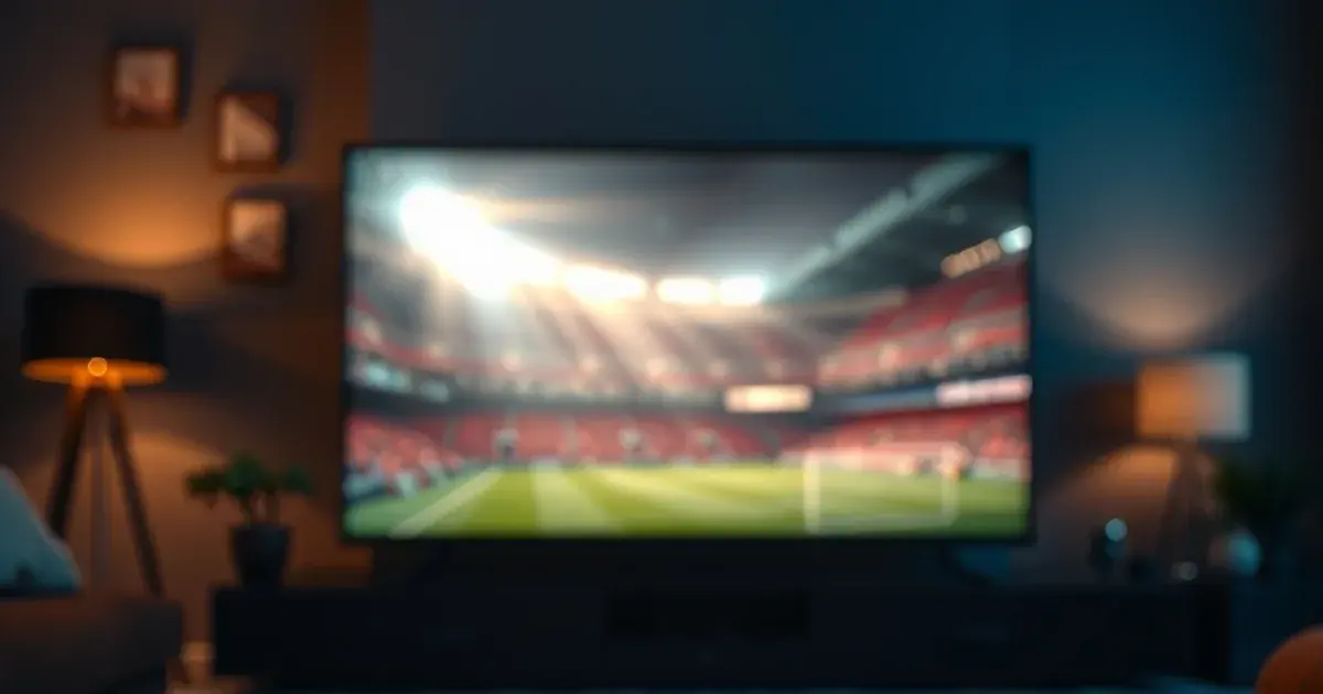 Dunkles Wohnzimmer bei Nacht mit warmem Fernsehschein, der eine Stadionatmosphäre andeutet, Fernbedienung im Vordergrund auf einem Holztisch