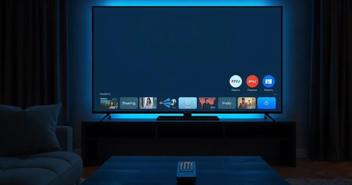 Dunkles, stilvolles Wohnzimmer mit leuchtendem Fernseher, der eine Streaming-App-Oberfläche zeigt