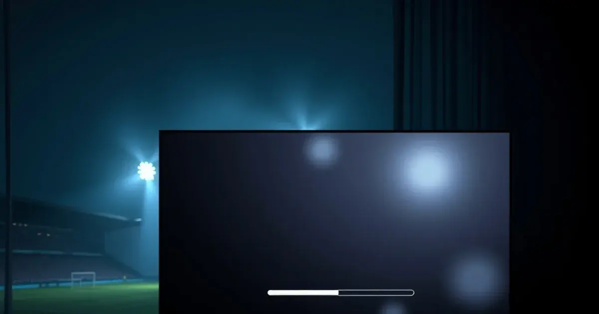 Dunkles Wohnzimmer mit TV-Bildschirm und Ladesymbol im Vordergrund, verschwommene Stadionflutlichter im Hintergrund