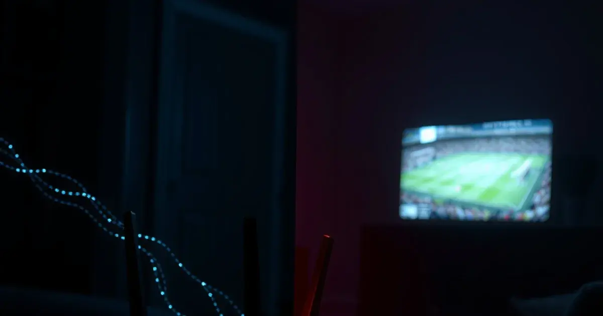 Dunkles Wohnzimmer: Ein Router sendet auf der einen Seite kühles blaues Licht eines VPN-Tunnels, auf der anderen Seite flackert rötliches Störlicht, im Hintergrund schimmert ein Fernseher mit Fußballfeld-Beleuchtung