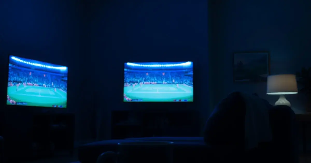 Dunkles Wohnzimmer um vier Uhr morgens, ein leuchtender Fernseher zeigt ein Fußballspiel, im Vordergrund ein Router mit blinkenden Lichtern