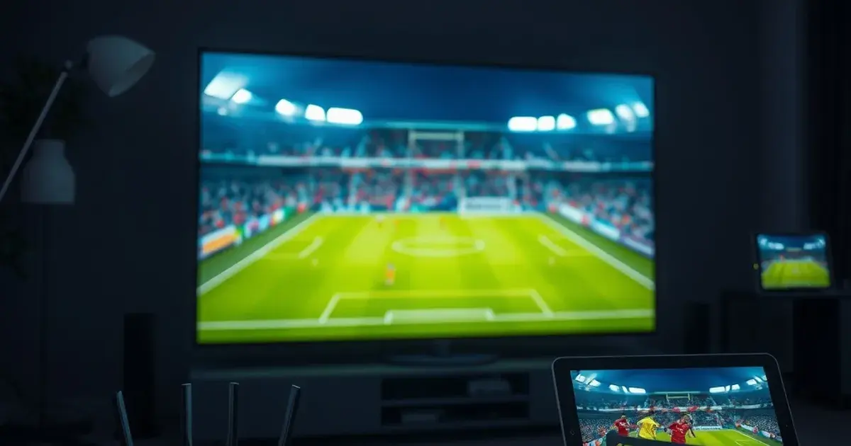Dunkles Wohnzimmer mit leuchtendem 4K-Fernseher, Router und Tablet als zweites Gerät für ein WM-Spiel