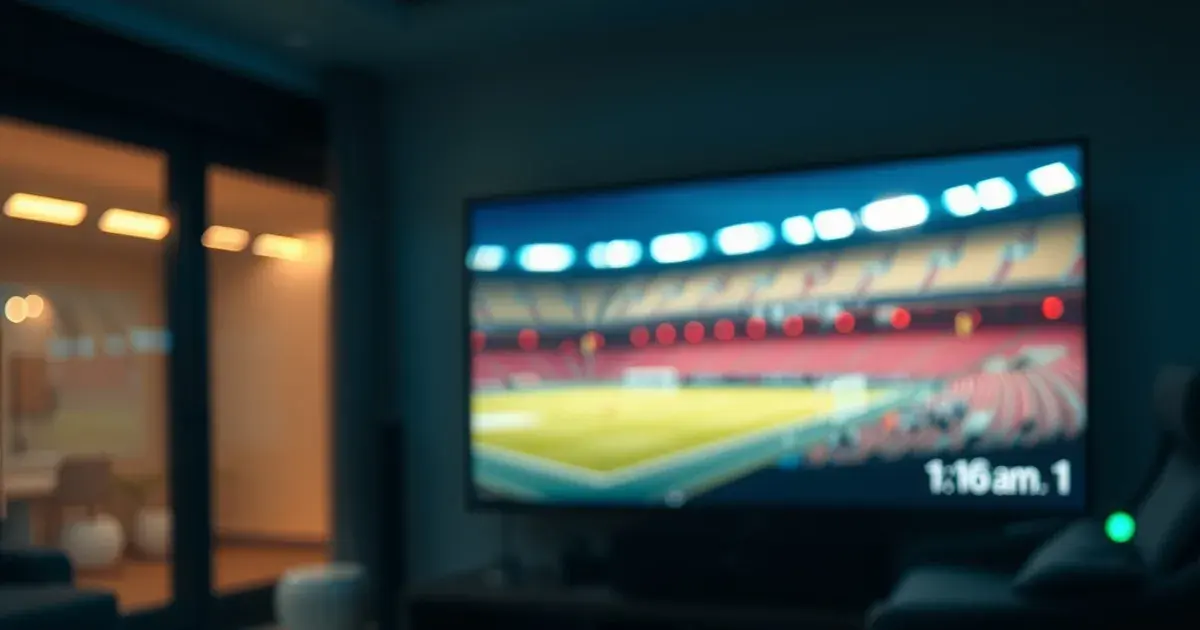 Dunkles Wohnzimmer bei Nacht mit Fernseher, der Stadionflutlicht zeigt, und Streaming-Fernbedienung im Vordergrund
