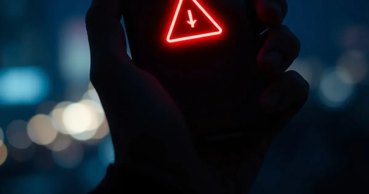 Nahaufnahme eines Smartphones mit einem leuchtenden Warnsymbol vor dunklem, urbanem Hintergrund, das die Prüfung eines verdächtigen Streaming-Angebots symbolisiert