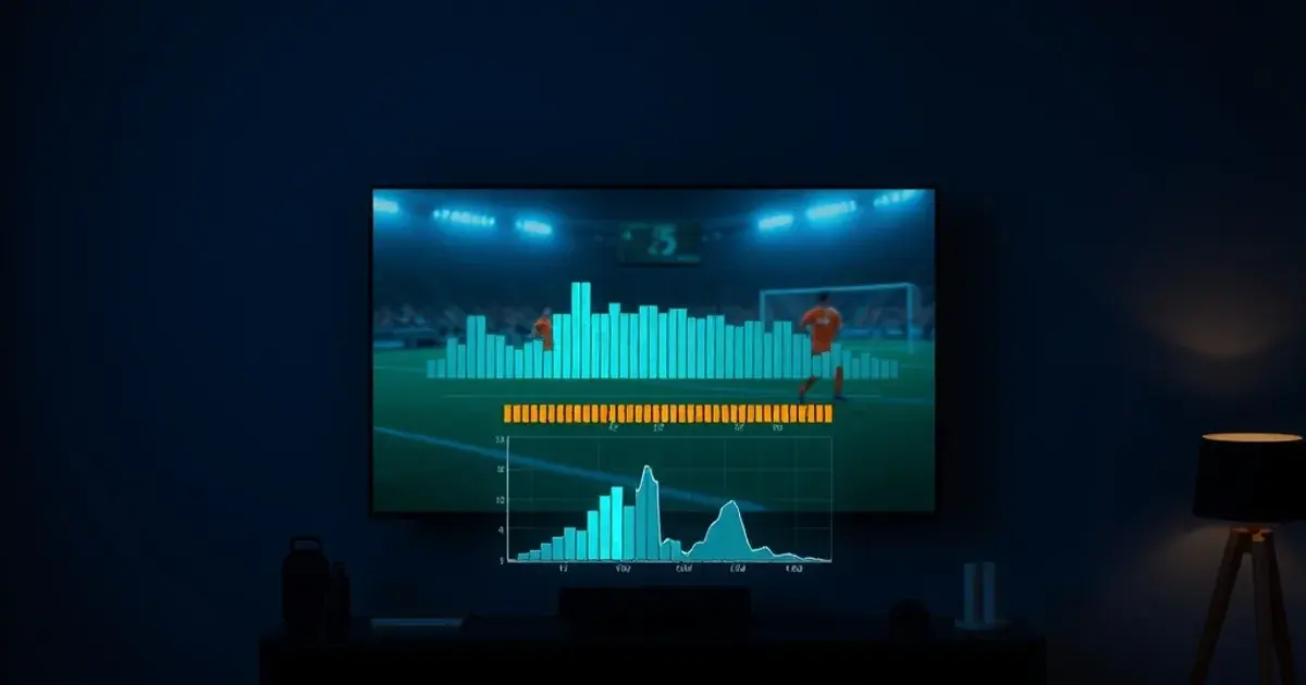 Dunkles Wohnzimmer mit Fernseher, der ein Fußballspiel zeigt, davor schwebende Diagnose-Grafiken mit Signal- und Jitter-Kurven