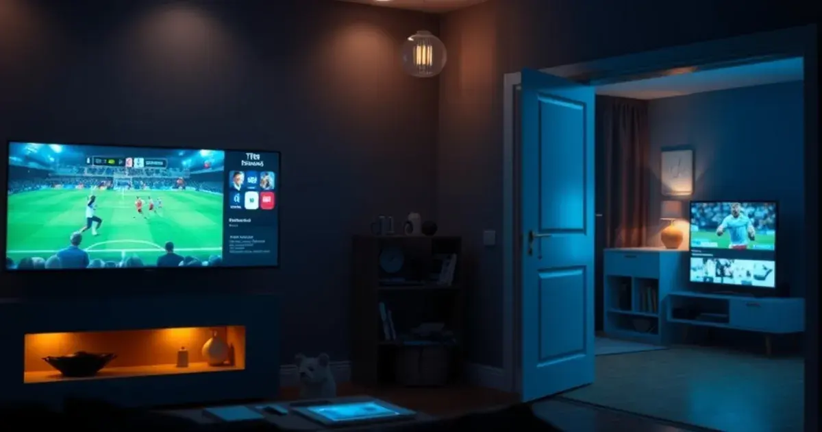 Dunkles Hausinterieur bei Nacht mit mehreren leuchtenden Bildschirmen in Wohnzimmer, Küche und Schlafzimmer, die gleichzeitig IPTV-Streams zeigen