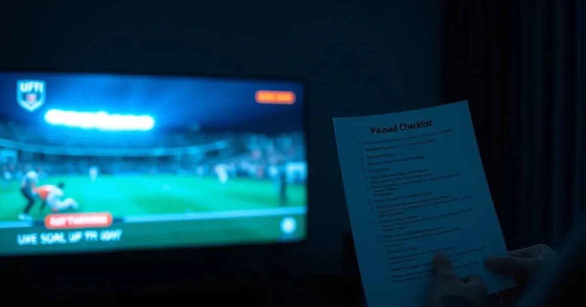 Dunkle Wohnzimmerszene mit einer ausgedruckten Checkliste in der Hand vor einem leuchtenden Fernsehbildschirm mit pausiertem Live-Stream